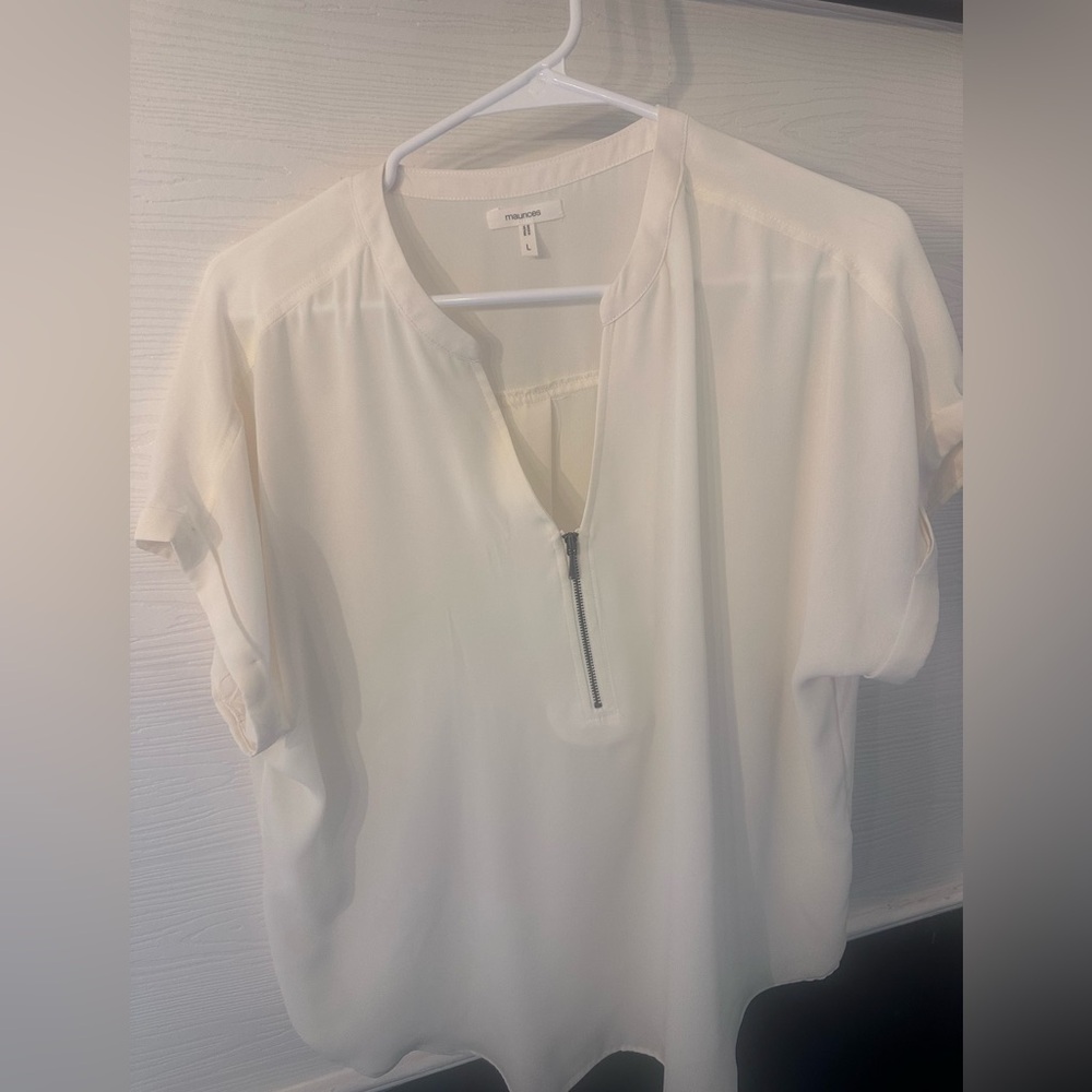 White Short Sleeve Blouse with Zipper